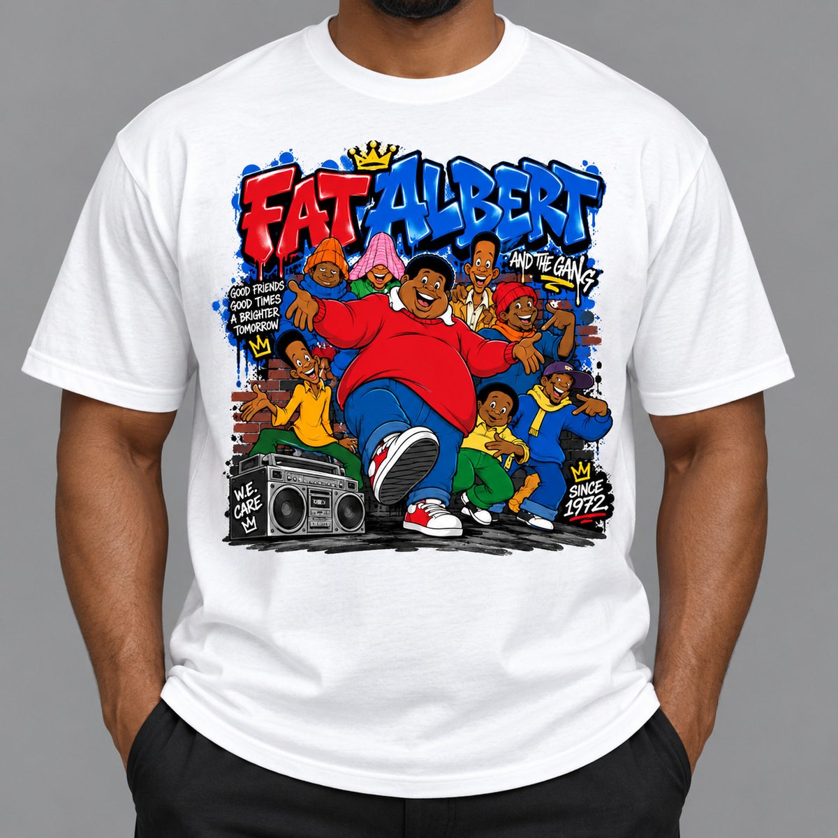 Bring ultimate nostalgia and street-ready style to your everyday look with the Fat Albert & The Junkyard Gang Graphic Tee. Featuring a vibrant, retro graffiti-inspired front print with classic boombox graphics, crown accents, and iconic vintage streetwear vibes, this shirt is a bold statement piece for any casual wardrobe.
